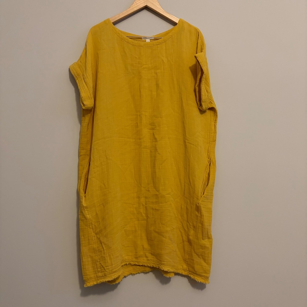 Eileen Fisher Organic Cotton Double Gauze Shift Dress Mustard Yellow Large